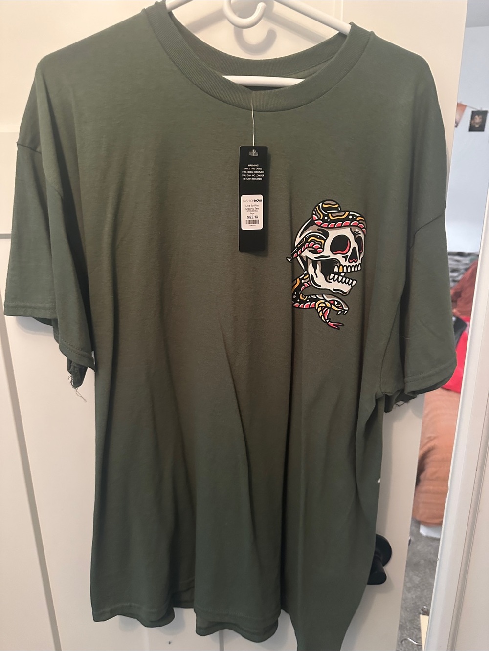 Fashion Nova Olive Green Skull & Snake Pocket Tee